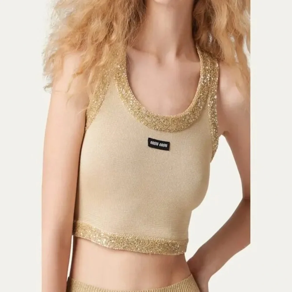 Miu Miu Beige and Gold Glitter Crop Top - Picture 2 of 6